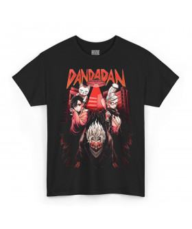 Чорна чоловіча футболка з аніме-принтом «Графічне зображення персонажів Кена, Момо та Сейко з аніме DanDaDan»