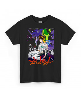 Чорна чоловіча футболка з аніме-принтом «Шинджі та Рей з Neon Genesis Evangelion»