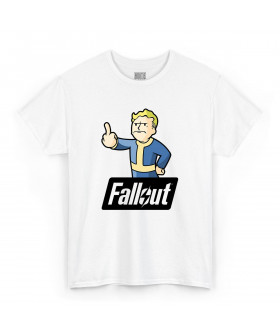 Біла чоловіча футболка з аніме-принтом «Vault Boy з піднятим середнім пальцем»