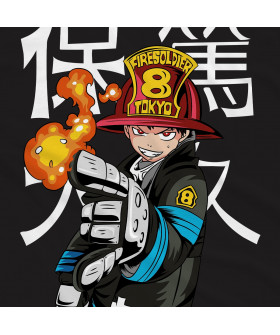Чорна чоловіча футболка з аніме-принтом «Шінра з Fire Force у динамічній позі»