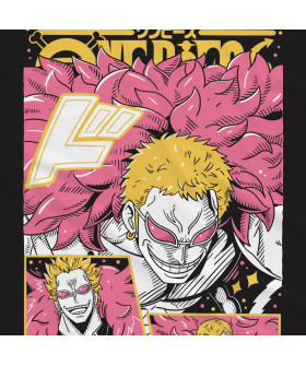 Чорна чоловіча футболка з аніме-принтом «Дофламінго з One Piece у динамічній позі»