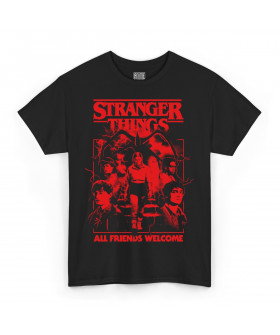 Чорна чоловіча футболка з аніме-принтом «Друк з написом All Friends Welcome у стилі Stranger Things»