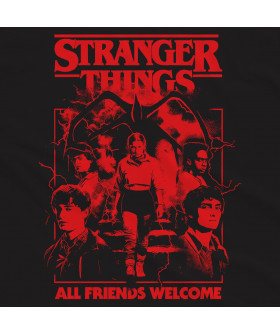 Чорна чоловіча футболка з аніме-принтом «Друк з написом All Friends Welcome у стилі Stranger Things»