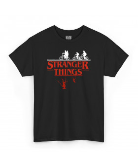 Чорна чоловіча футболка з аніме-принтом «Сюжет із серіалу Stranger Things з перевернутим світом»