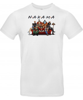 Унісекс біла футболка з аніме-принтом «Nakama-Freunde-Parodie – Pirate: Strohhutpiraten auf der Couch»