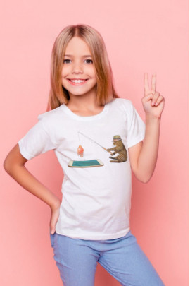 Футболка YAPPI дитяча біла "Кіт на рибалці"